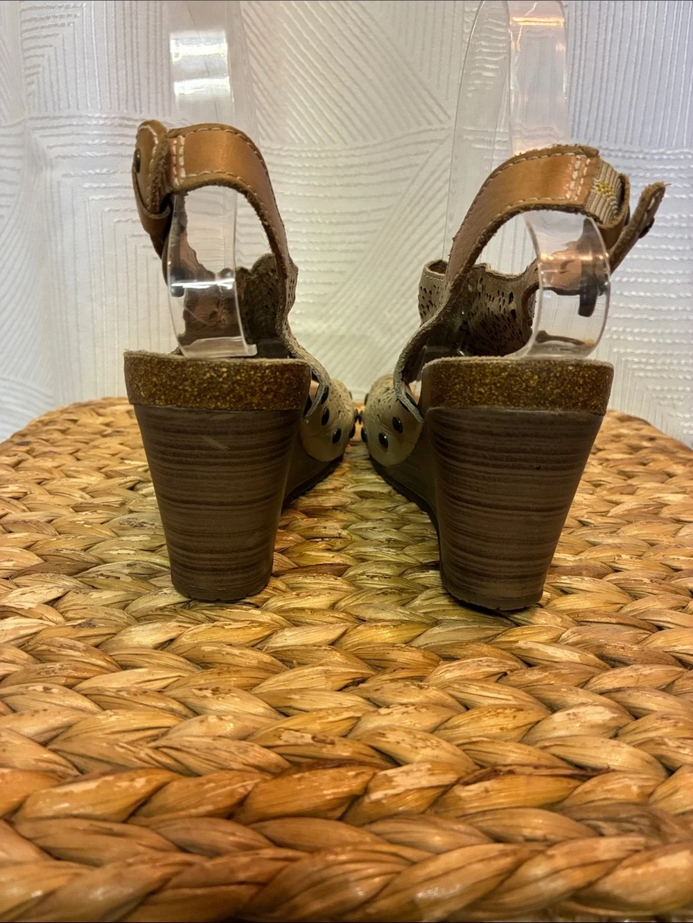 PIKOLINOS Tan Perforated Leather Wedge Sandals